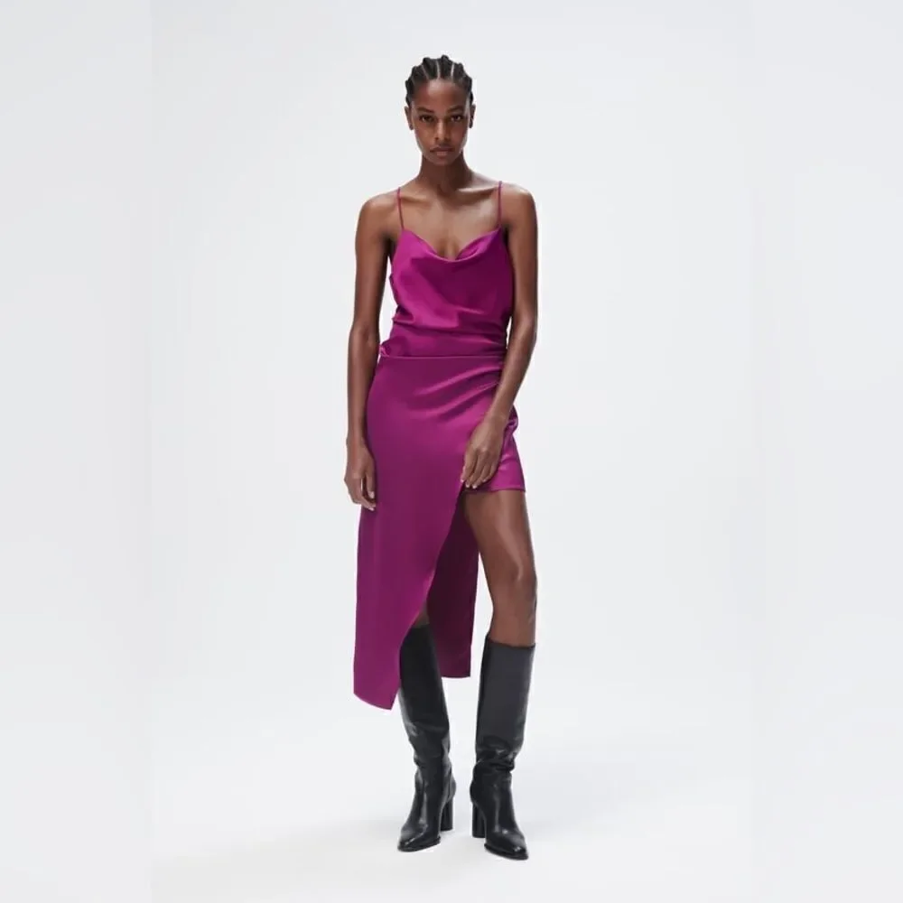 Zara SATIN EFFECT ASYMMETRIC DRESS New - Picture 10 of 12